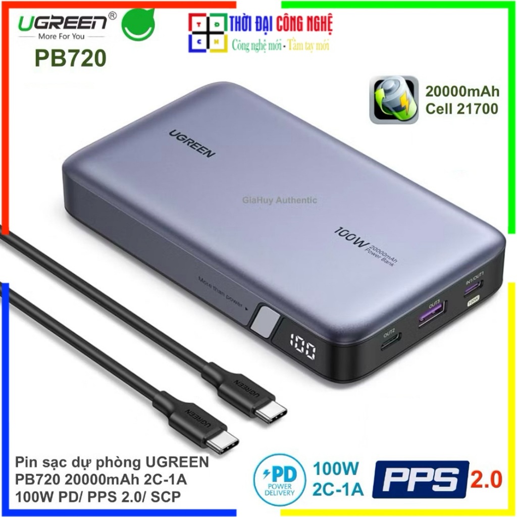 Pin Sạc Dự Phòng 20000mAh UGREEN PB720 Sạc Nhanh 100W 2C1A - Cho Laptop Điện Thoại Máy Tính Bảng - B