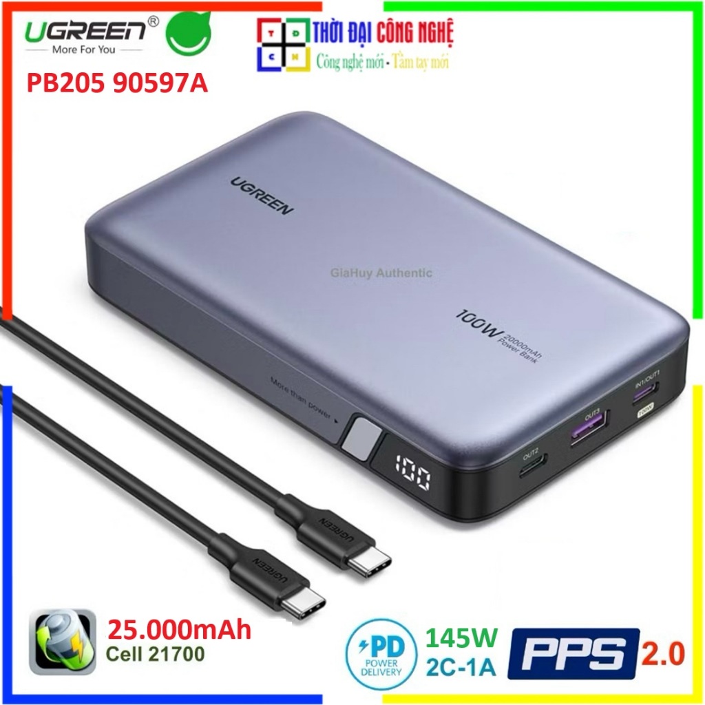 Pin Sạc Dự Phòng 145W UGREEN PB205 25000mAh - Sạc Nhanh Laptop Điện Thoại 2 Cổng C 1 Cổng A - Bảo Hà