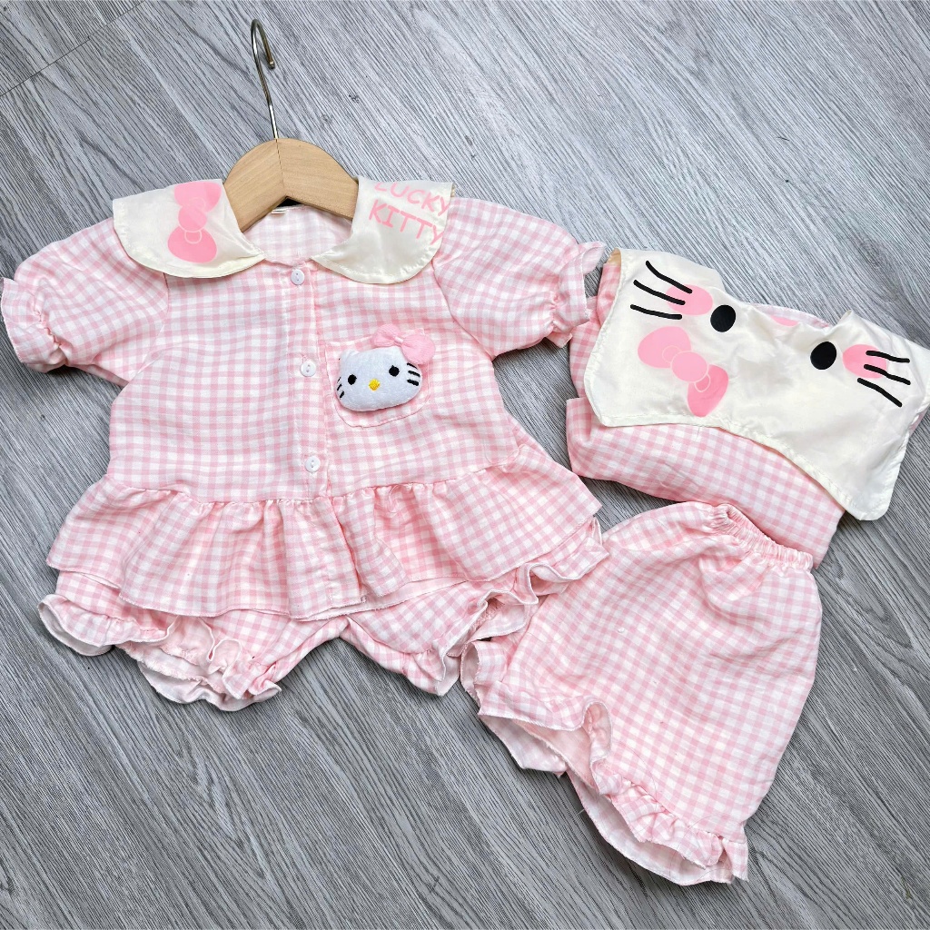 Đồ bộ bé gái, Pijama cho bé gái, Set pijama Hello Kitty kẻ caro phối bèo phong cách tiểu thư cho bé 