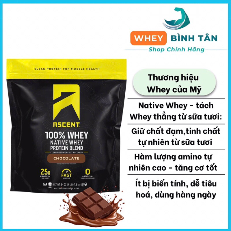 Ascent Whey Protein (4lbs) - 100% đạm tinh chất từ sữa tươi, hỗ trợ sức khoẻ, tập luyện thể hình