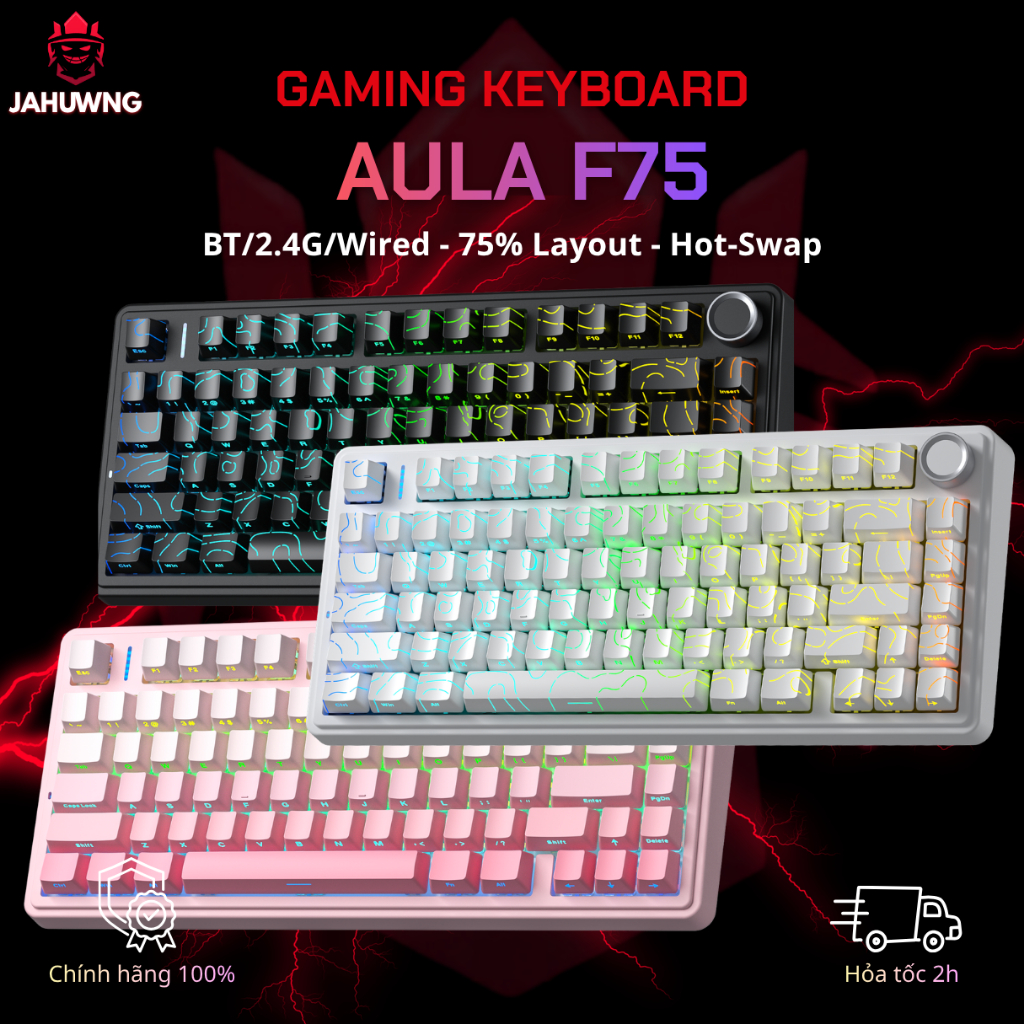 [Chính Hãng] Bàn Phím Cơ Không Dây AULA F75 -3 Mode Kết Nối- Led RGB- Núm Xoay Điều Chỉnh Âm Lượng