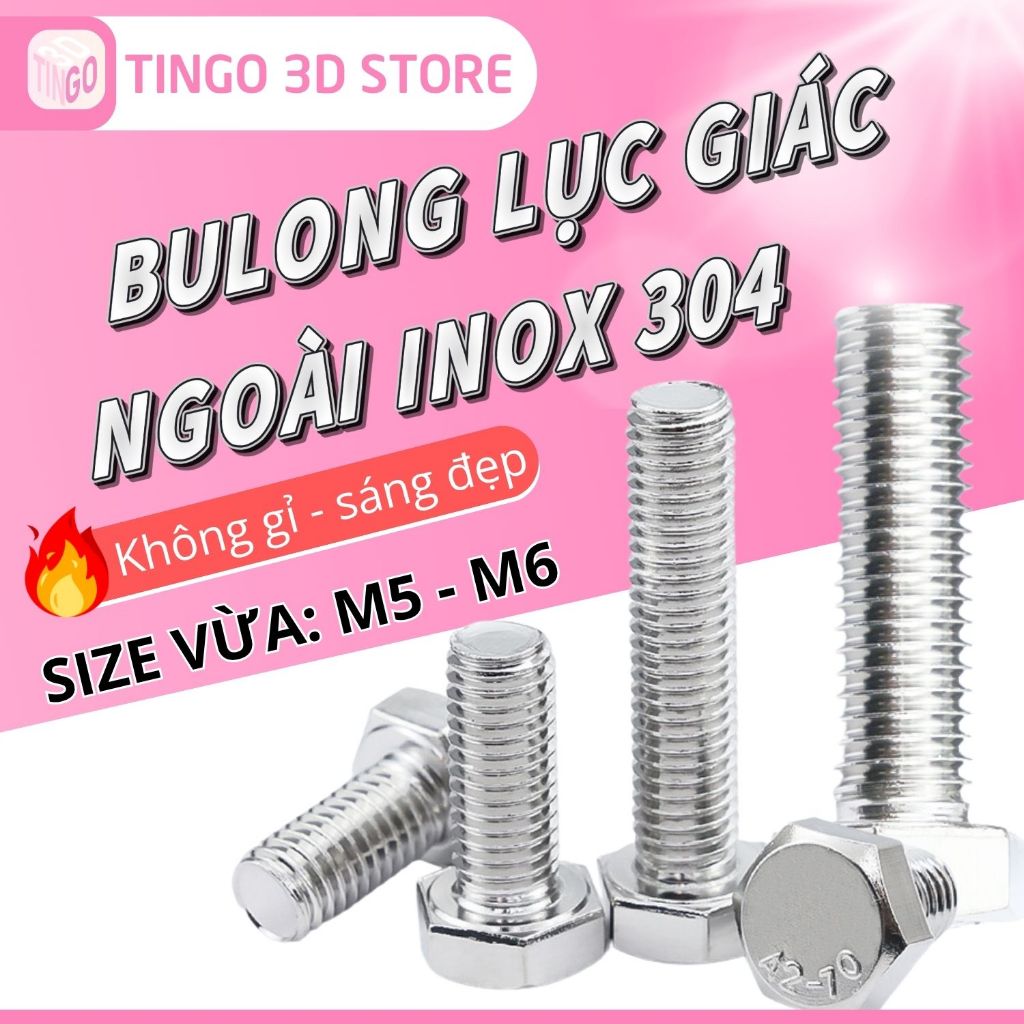 Set 5-10 Bulong lục giác ngoài Inox 304 Size Vừa M5, M6, Ôc vít không gỉ (dài 6 - 80mm)