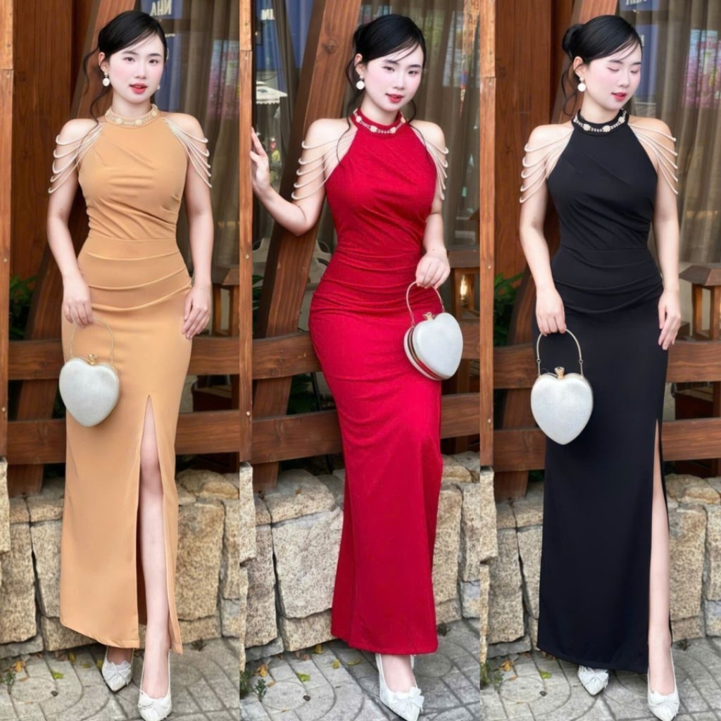 Đầm dạ hội cổ yếm kết cườm đầm ôm body dáng dài dạ hội dự tiệc