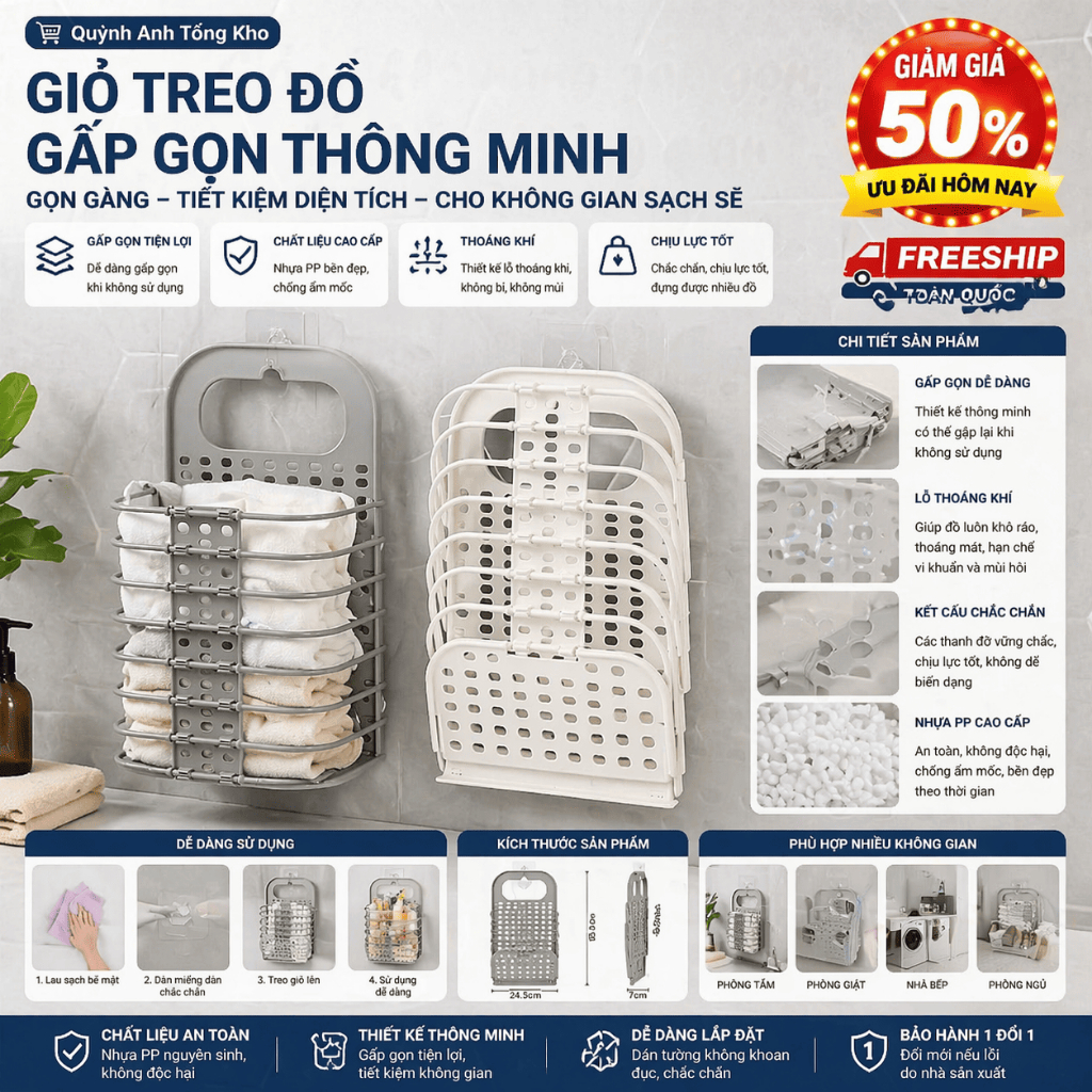 Giỏ Đựng Đồ Gấp Gọn Thông Minh Tặng Móc Dính Giỏ Treo Tường Đựng Quần Áo Đồ Dùng Nhà Tắm