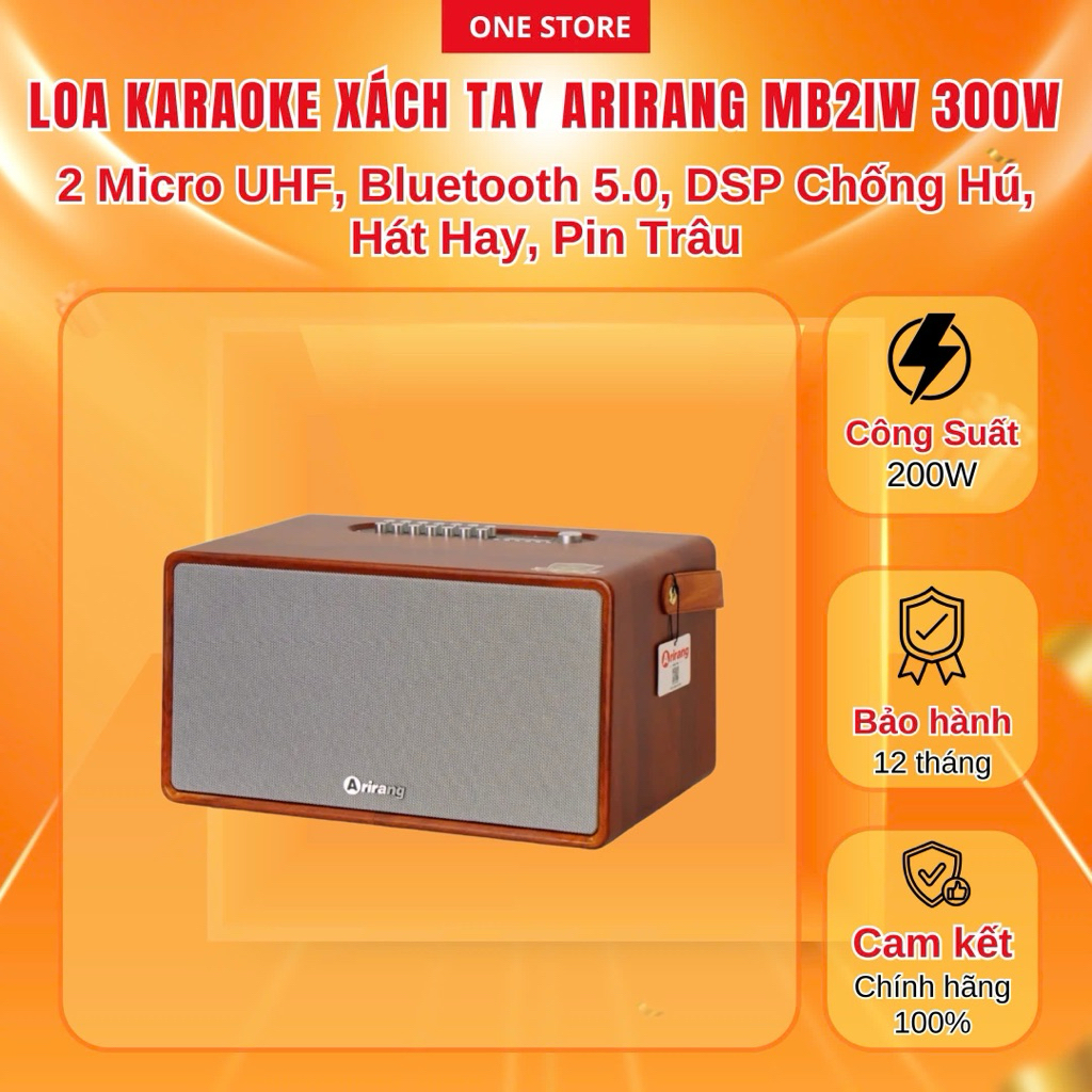 Loa Karaoke Xách Tay Arirang MB2iw 300W, 2 Micro UHF, Bluetooth 5.0, DSP Chống Hú, Hát Hay, Pin Trâu