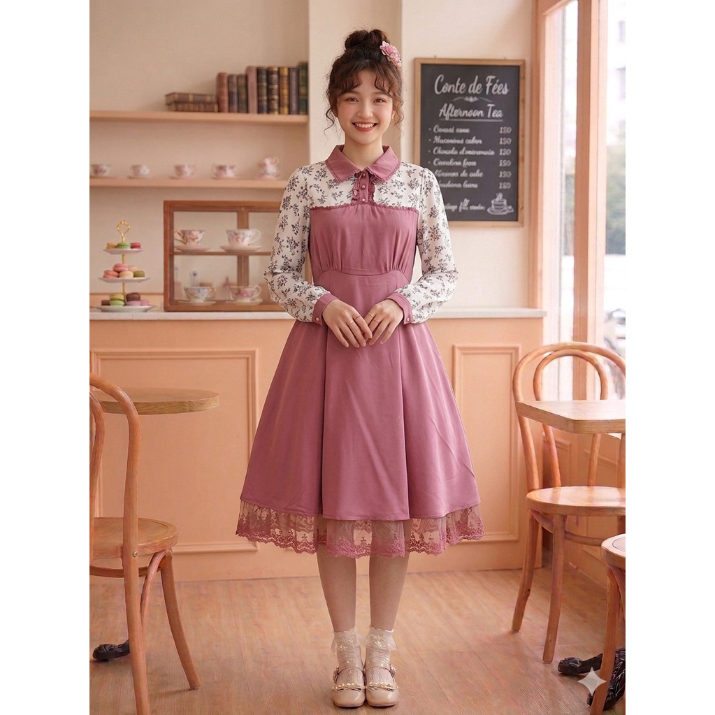 Đầm váy 2hand Nhật hiệu Axes Femme hoa hồng tiểu thư