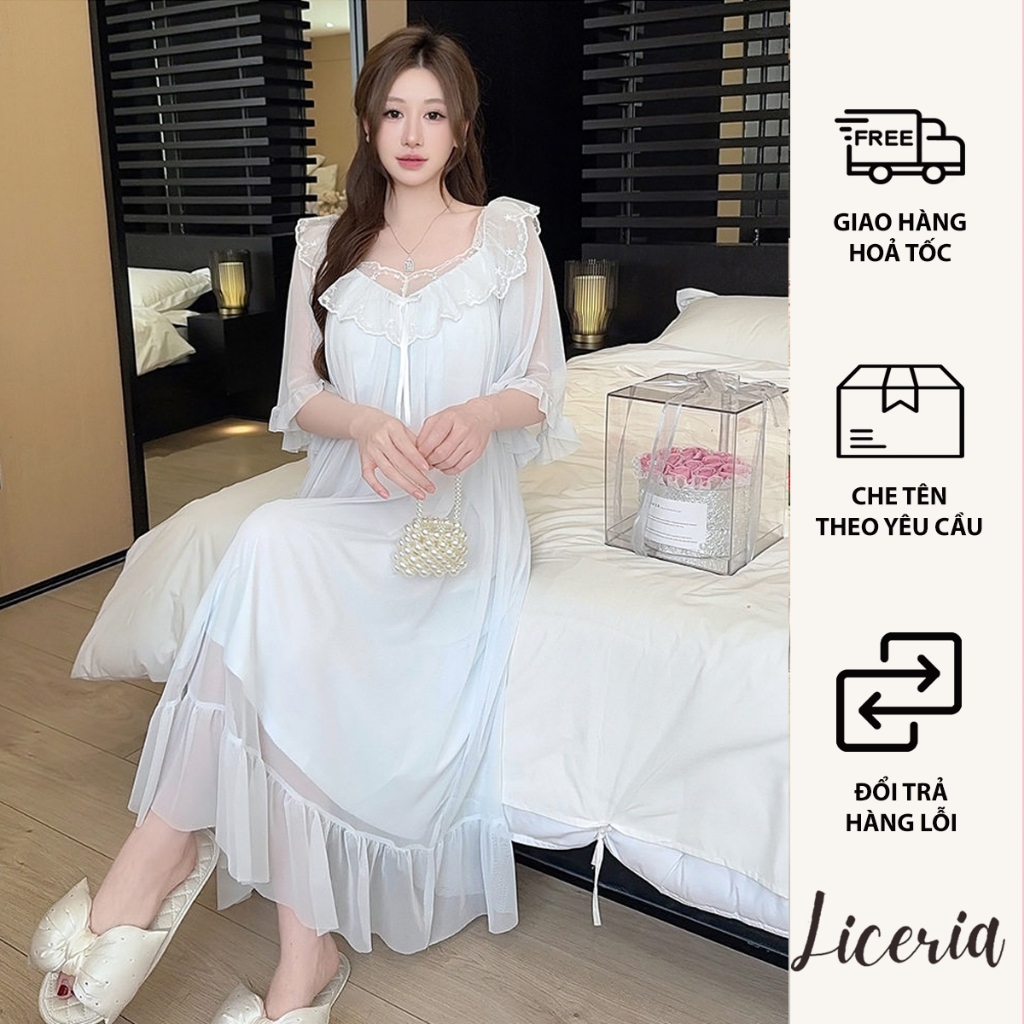 Đầm Ngủ Cánh Tiên LICERIA 6308 Chất Voan Lụa  Đính Hoa Dây Phong Cách Công Chúa Hoàng Cung.