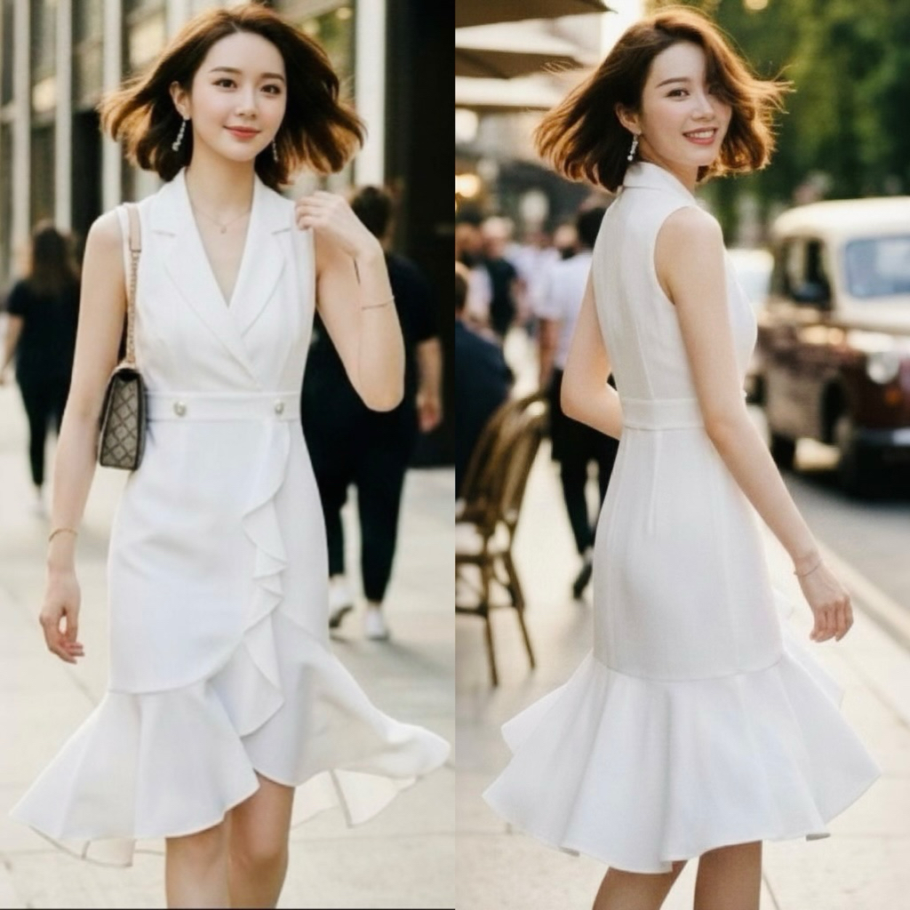 Đầm sơ mi trắng tùng phối bèo, váy dự tiệc (kèm hình thật)