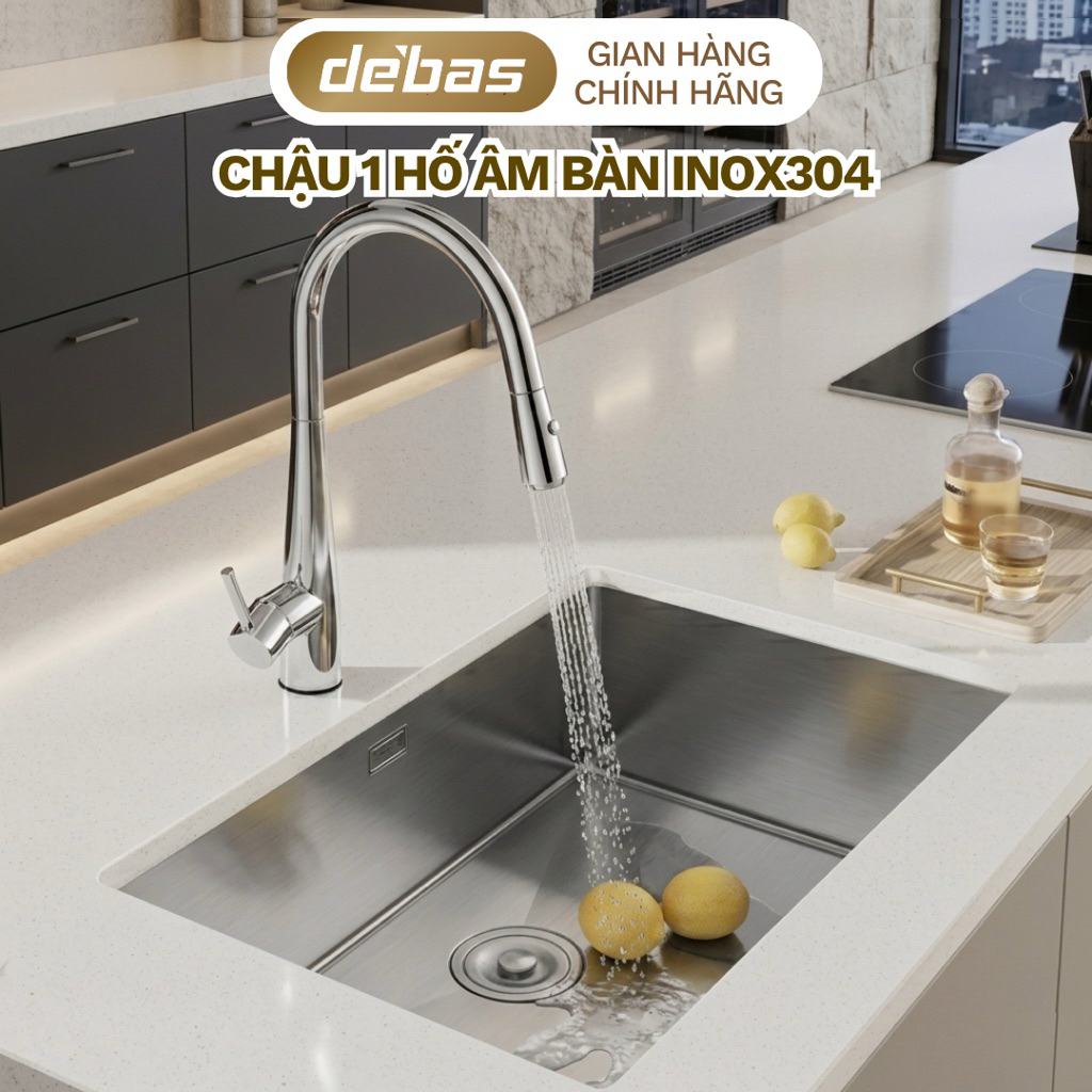 Chậu rửa bát đúc 1 hố to inox sus304 chậu lắp ÂM BÀN bồn rửa chén 1 hộc Debas 6045 6845 8044
