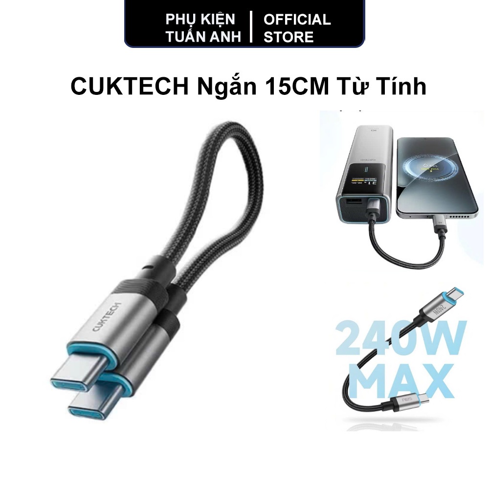 Cáp sạc nhanh CUKTECH ngắn 15Cm Type C-C 6A 240W bọc dù siêu bền sạc nhanh Điện thoại Laptop TuanAnh