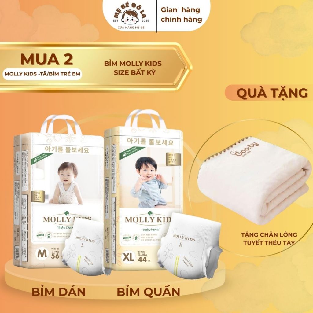 2 Bịch Bỉm Molly Kids - Tặng Chăn Lông Tuyết Thêu Tay. Tã Bỉm Molly Kids Full Size NB-4XL