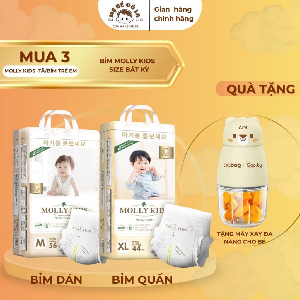 3 Bịch Bỉm Molly Kids - Tặng Máy Xay Đa Năng Cho Bé . Tã Bỉm Molly Kids Full Size NB-4XL