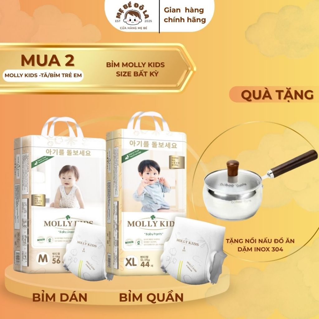 2 Bịch Bỉm Molly Kids - Tặng Nồi Nấu Đồ Ăn Dặm Inox 304. Tã Bỉm Molly Kids Full Size NB-4XL