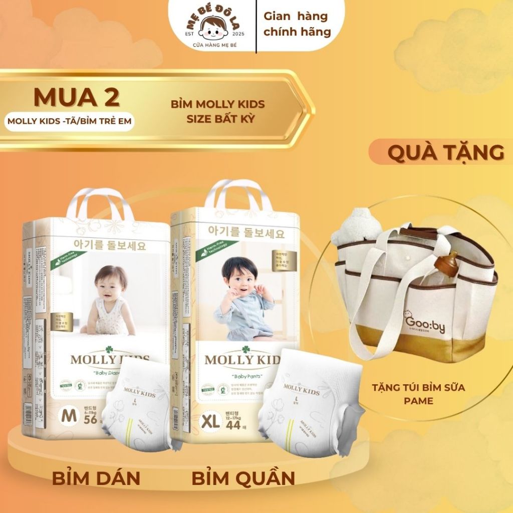 2 Bịch Bỉm Molly Kids - Tặng Túi Bỉm Sữa Pame. Tã Bỉm Molly Kids Full Size NB-4XL