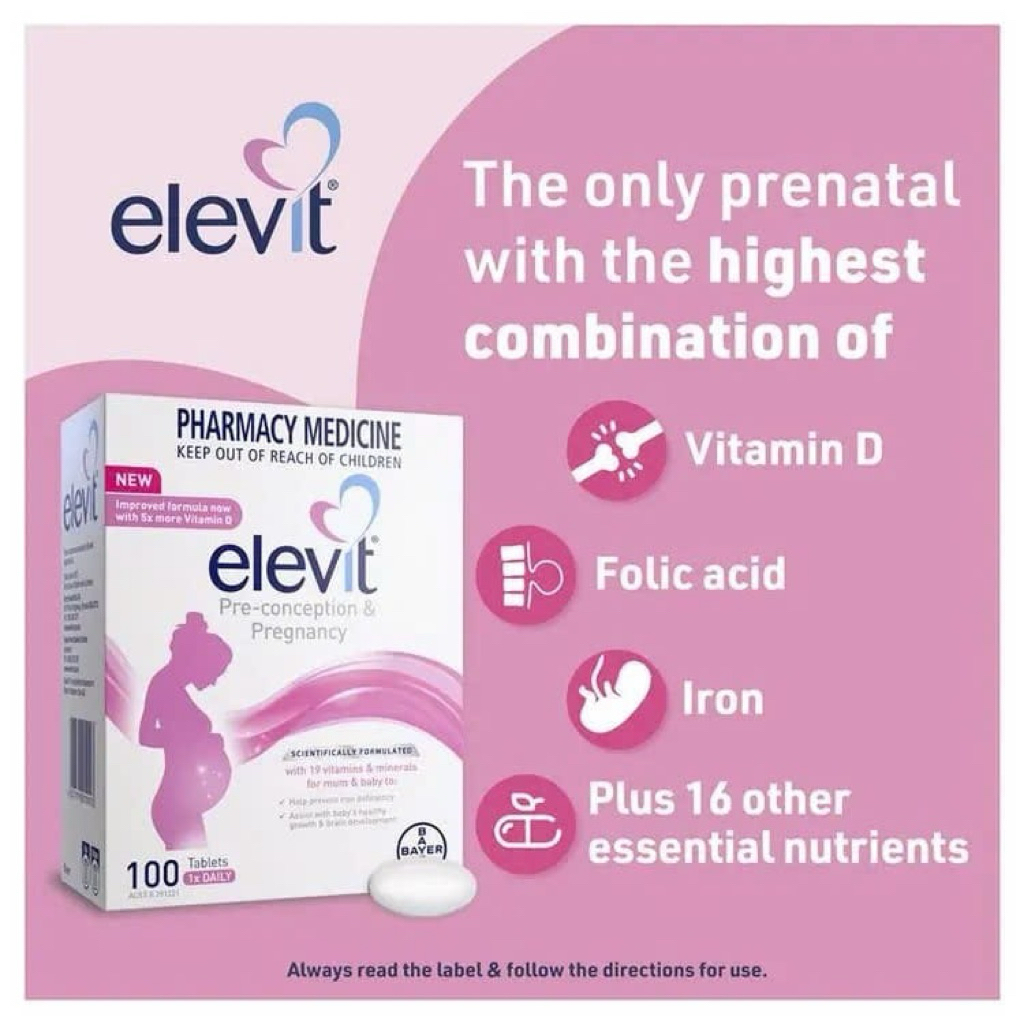 Thực phẩm bảo vệ sức khỏe Elevit bổ sung Acid Folic, Sắt, Canxi, Các Vitamin và Các khoáng chất (30 