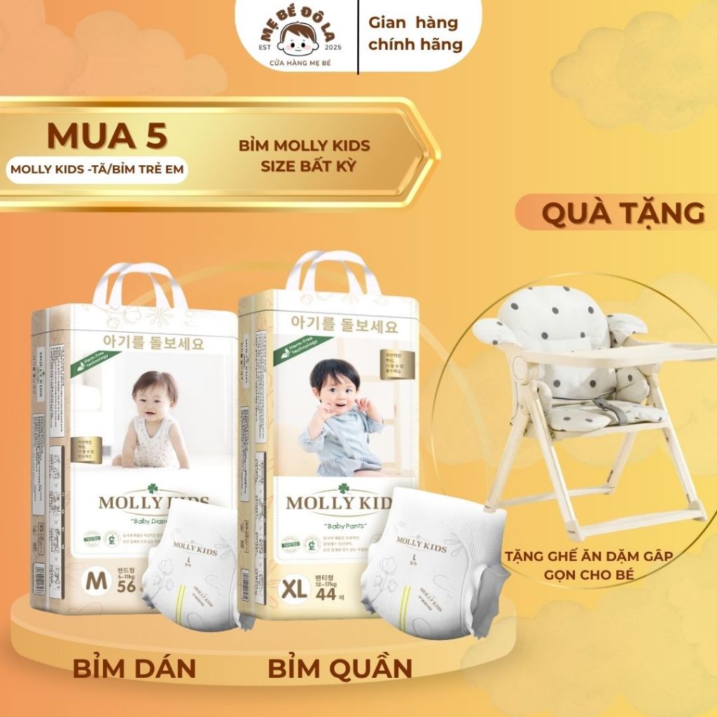 5 Bịch Bỉm Molly Kids - Tặng Ghế Ăn Dặm Gâp Gọn Kèm Đệm Lót Chống Thấm. Tã Bỉm Molly Kids Full Size