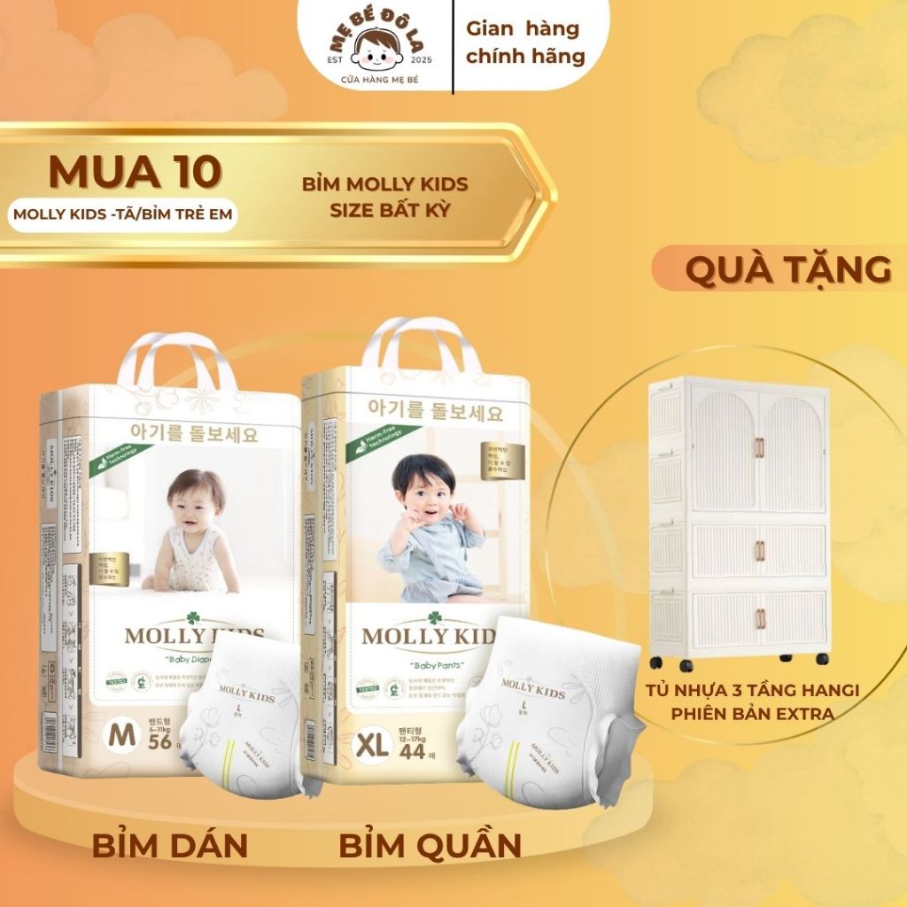 10 Bịch Bỉm Molly Kids - Tặng Tủ Nhựa 3 Tầng Hangi Phiên Bản Extra. Tã Bỉm Dán Quần Molly Kids