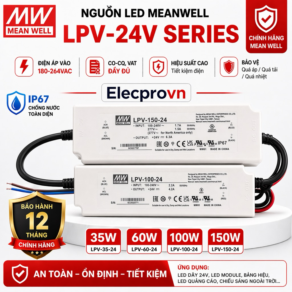 Nguồn led 24V Meanwell LPV-150-24,LPV-100-24,LPV-60-24,LPV-35-24,LPV-20-24,driver led 24v