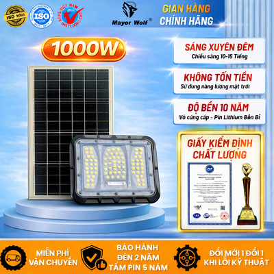 Đèn Pha Năng Lượng Mặt Trời 1000W Mayor Wolf Mắt Ngọc Sân Vườn Cổng Nhà Bãi Xe Nhà Xưởng Chống Nước Điều Khiển Từ Xa