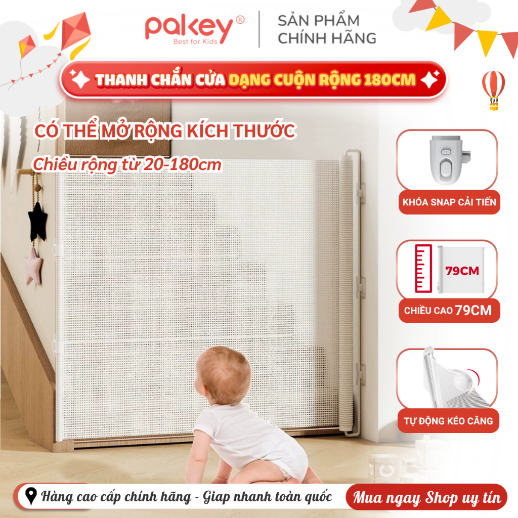 Thanh Chắn Cửa, Thanh Chắn Cầu Thang Pakey Dạng Cuộn Có Khóa Thông Minh An Toàn Cho Bé Chính Hãng Ca