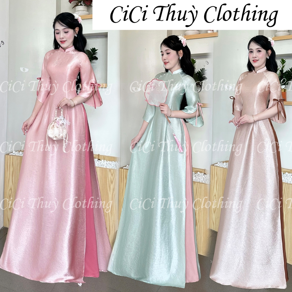 Áo Dài Nguyệt Nga Chất Liệu Lụa TiTan Ánh Gương Cách Điệu Phối Cổ Đính Nơ Xẻ Tay CiCi Thuỳ Clothing