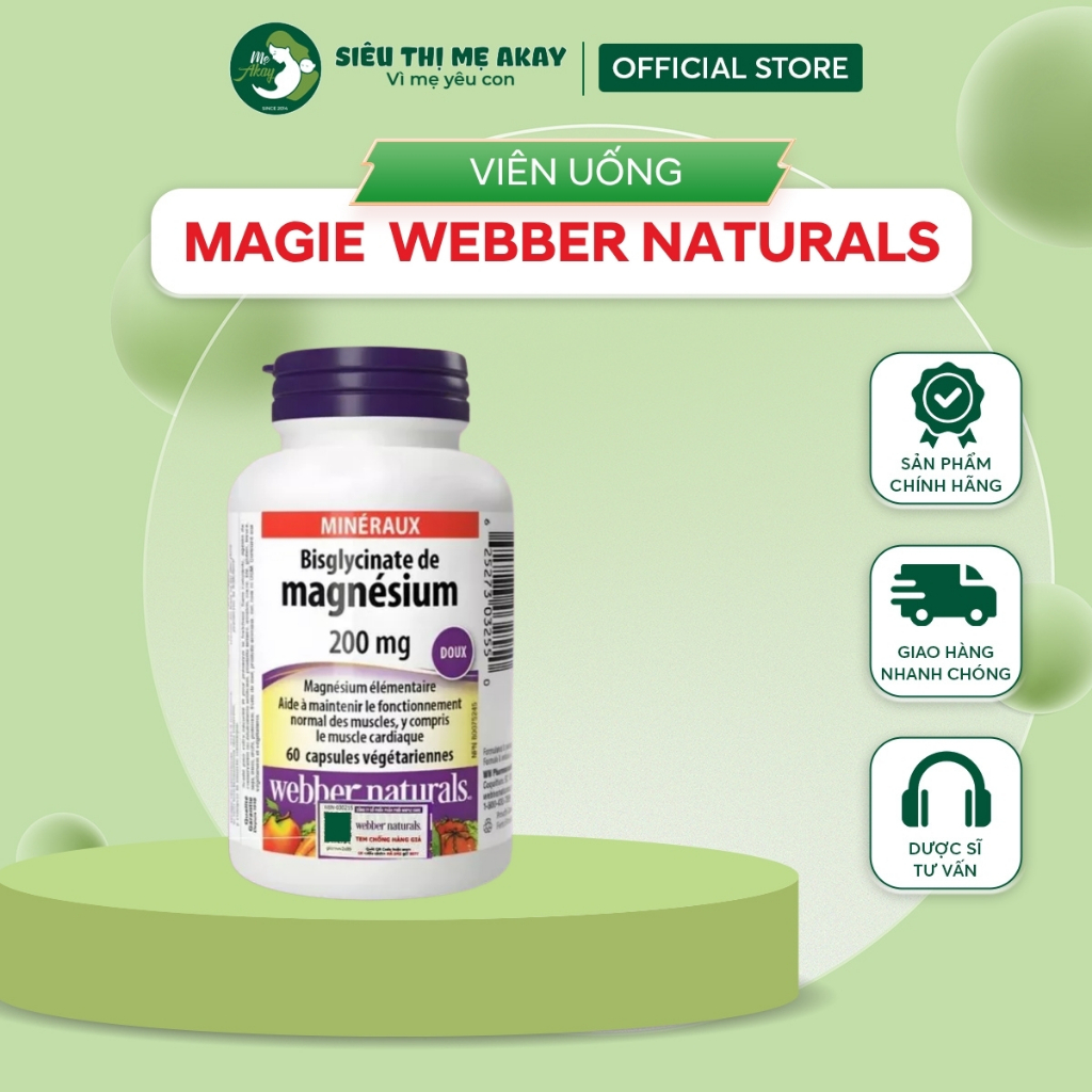 Magnesium Bisglycinate 200mg Webber Naturals, Magie hữu cơ, hỗ trợ cơ bắp, xương khớp, nhập khẩu Can