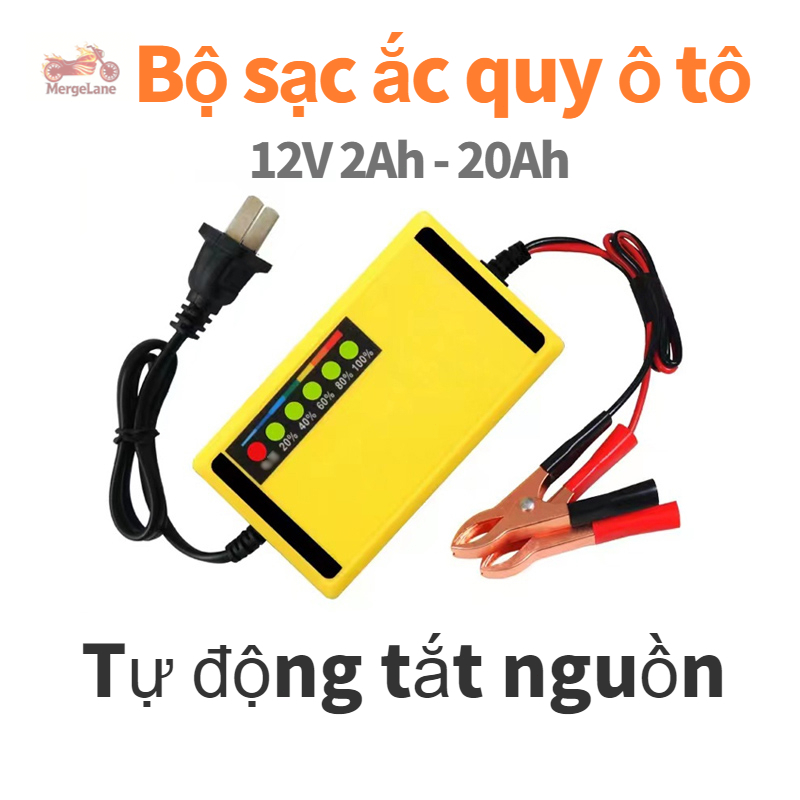 Bộ sạc pin tự động 12V 2Ah-20Ah dành cho xe máy và ô tô, có đèn LED báo sạc đầy.