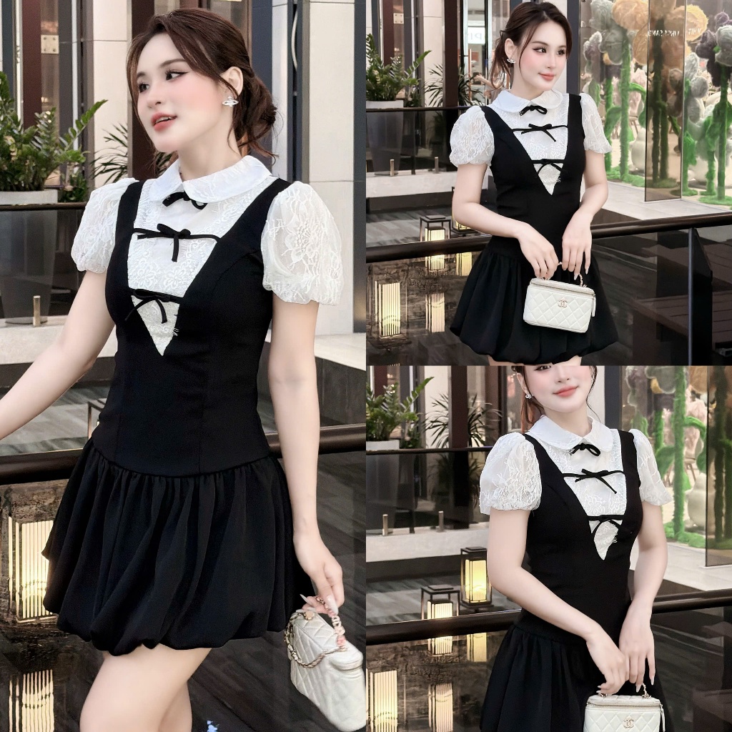 V630 VIP Váy Cổ Sen Ren Yếm Đính Nơ Tay Bồng Thiết Kế Sang Trọng Phong Cách Thời Trang