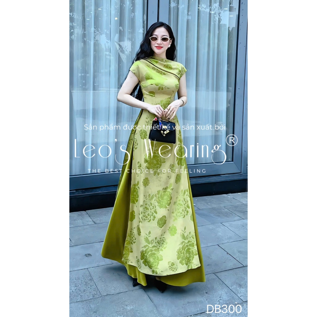 LEOSWEARING Áo dài lụa gấm cổ chéo, tay ngắn mix Quần váy lụa xanh bơ DB300