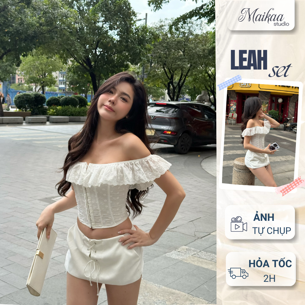 Set váy nữ trễ vai thêu hoa đan dây trước ngực dáng ngắn kèm chân váy đan dây dự tiệc hẹn hò MAIKAA 