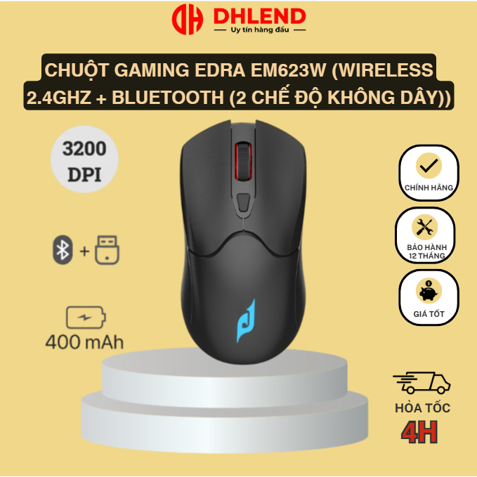 Chuột Gaming EDRA EM623W (Wireless 2.4Ghz + Bluetooth (2 chế độ không dây))