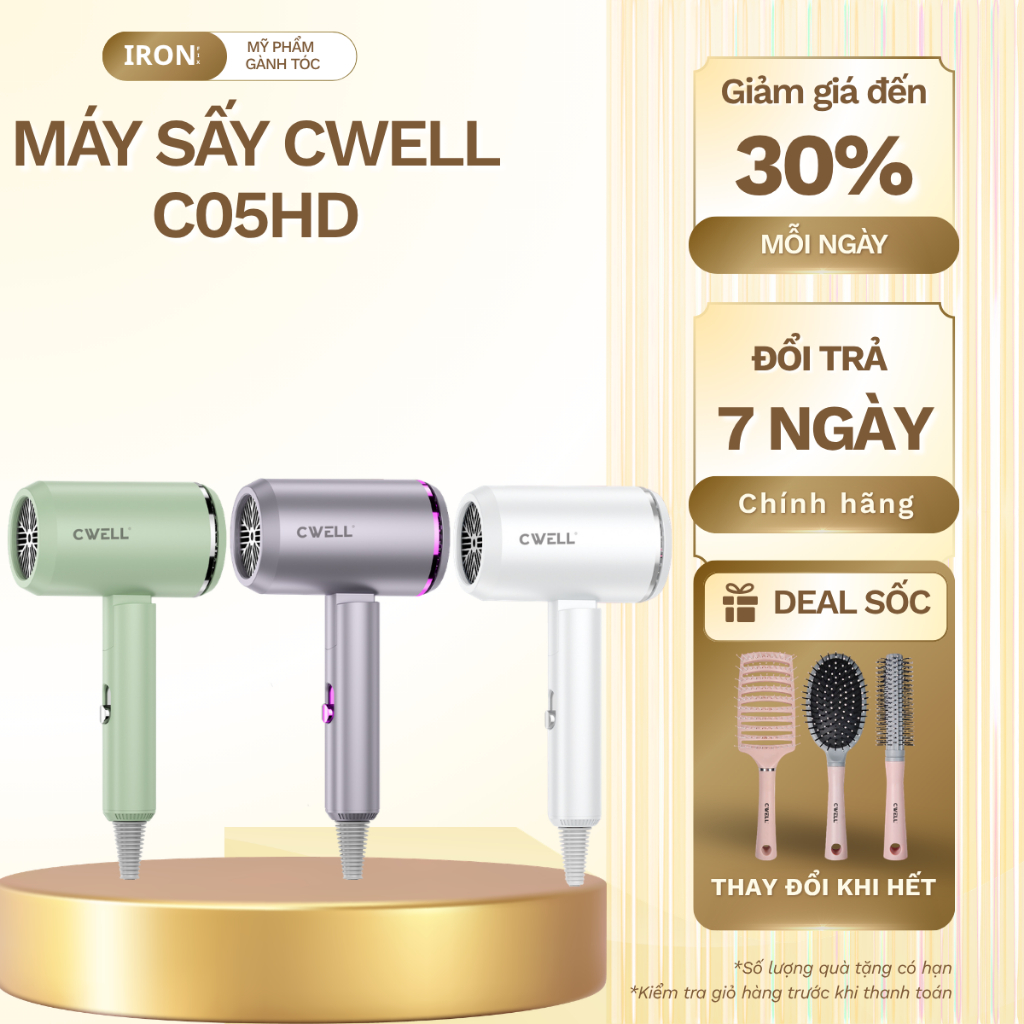 Máy sấy tóc CWELL 1800W gấp gọn 2 chiều nóng lạnh, 3 chế độ nhiệt, ánh sáng xanh- BẢN NÂNG CẤP C05HD