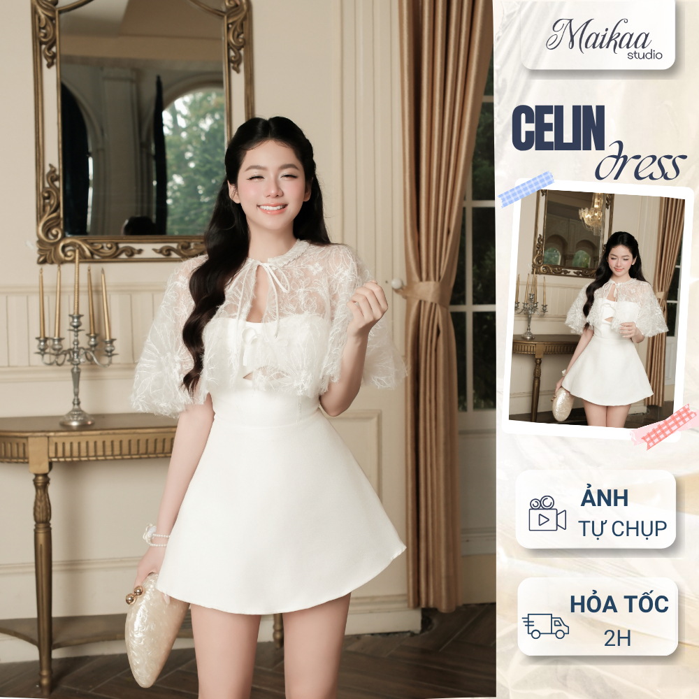 Maikaa Studio - Set đầm cúp ngực cut-out + khoác ren lông phối lưới  - Celin Set