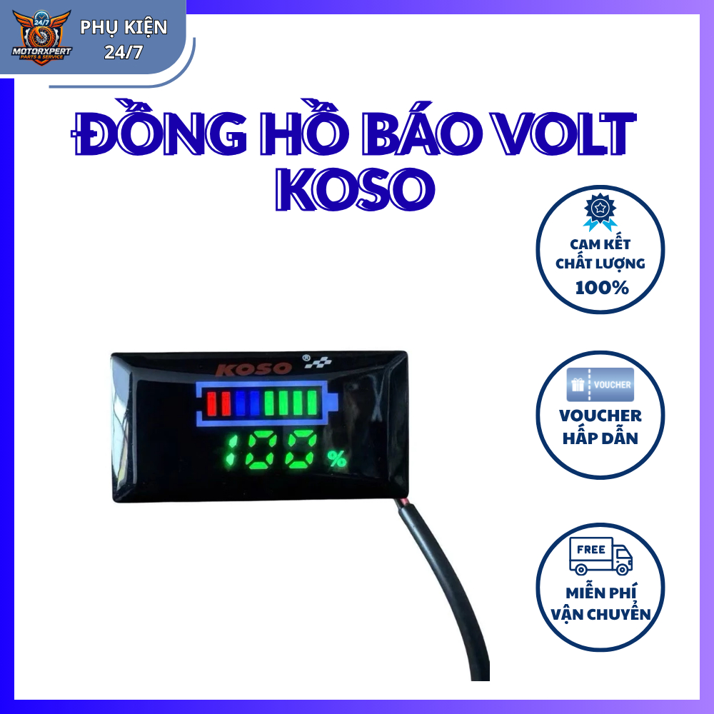 Đồng Hồ Báo Volt Koso V2 7–100V Kèm Pat Gắn – Hiển Thị % Pin, Chống Nước