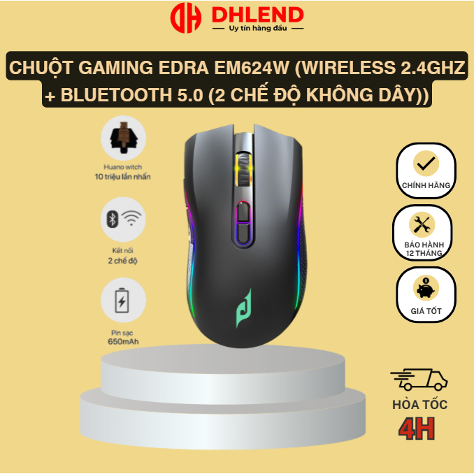 Chuột Gaming EDRA EM624W (Wireless 2.4Ghz + Bluetooth 5.0 (2 chế độ không dây))