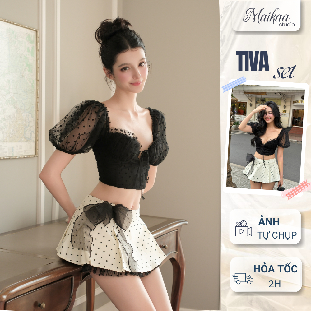 Set váy nữ ren đen tay phồng tôn ngực kèm chân váy xoè chấm bi phối nơ dáng ngắn set dự tiệc hẹn hò 
