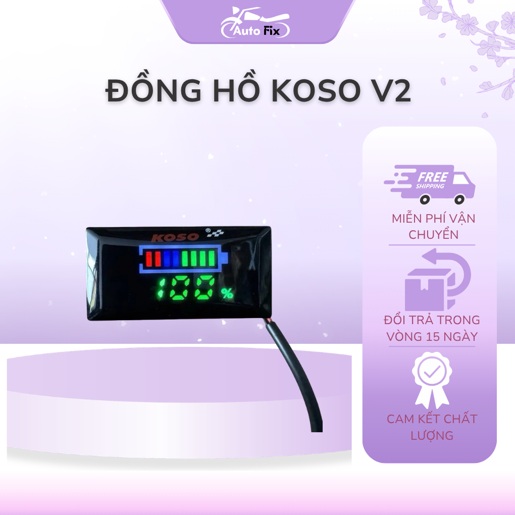 Đồng Hồ Báo Điện Áp Koso V2 7–100V Kèm Pat Gắn – Hiển Thị % Pin, Chính Xác, Bền