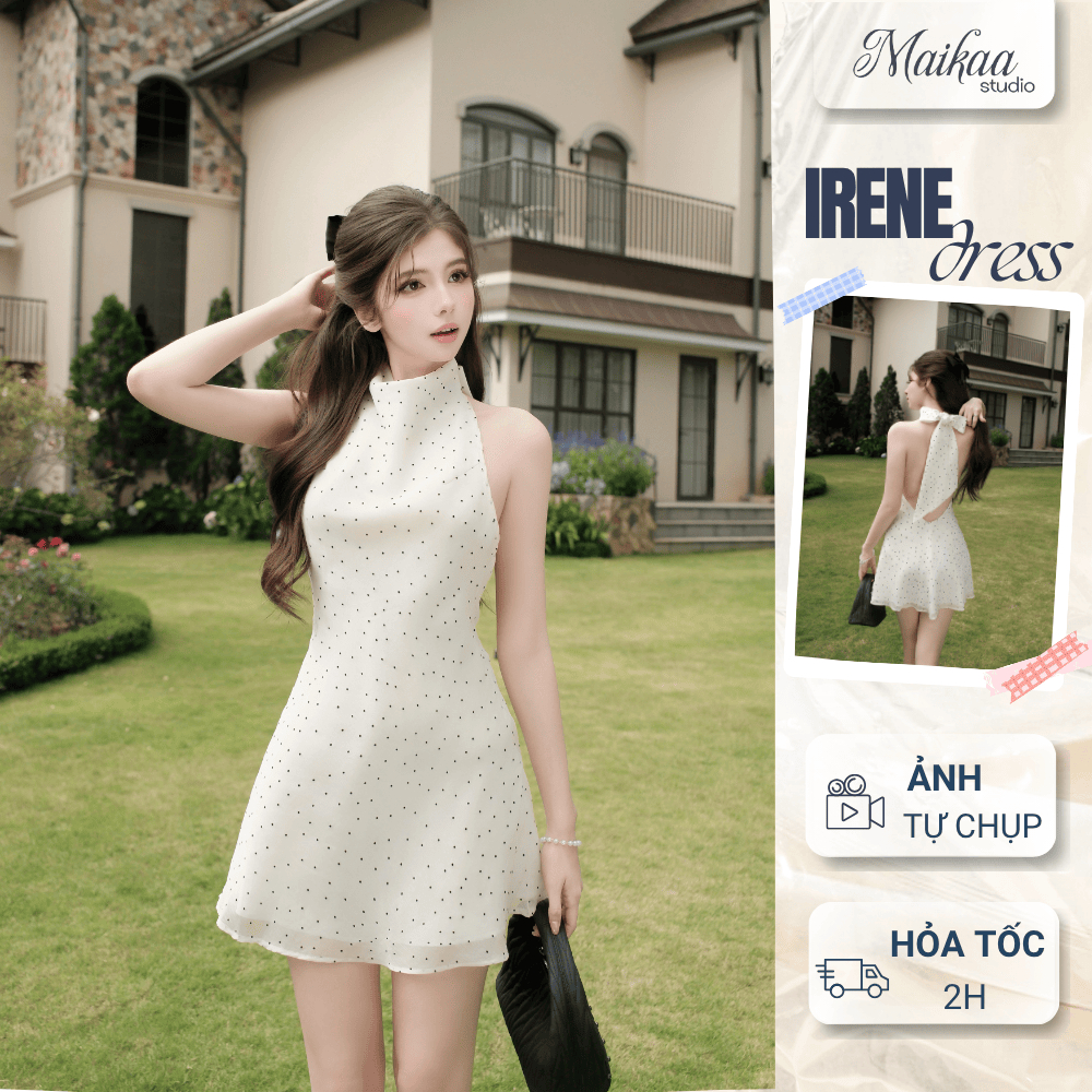 MAIKAA | Đầm Chấm Bi Cổ Yếm Dáng Xòe Hở Lưng Phối Nơ Irene Dress