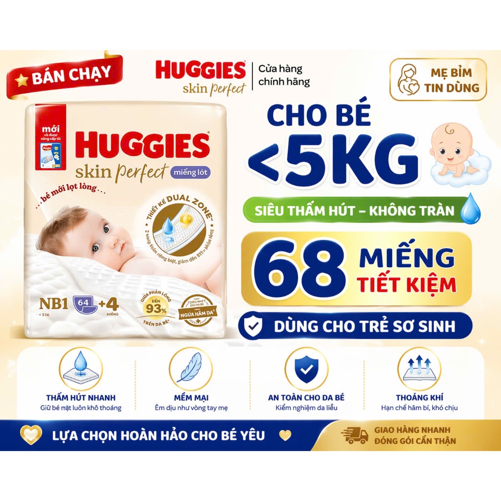 Miếng Lót Sơ Sinh Huggies Perfect NB1 64+4 Miếng - Size NB1 Cho Trẻ Dưới 5kg, Thấm Hút Nhanh, Dịu Nh