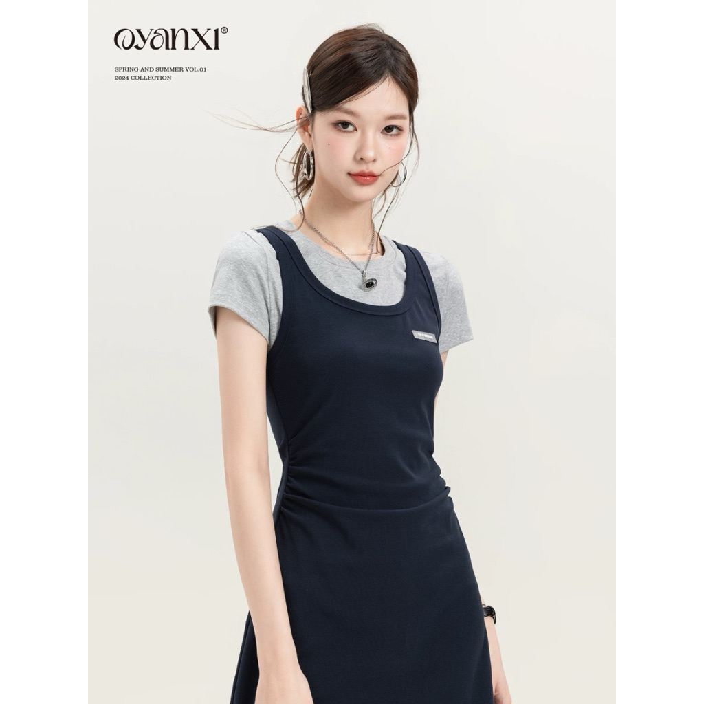 [SẴN M] OYANXI Đầm mùa hè kiểu dáng thanh lịch, đầm thun cotton mix yếm nhún eo