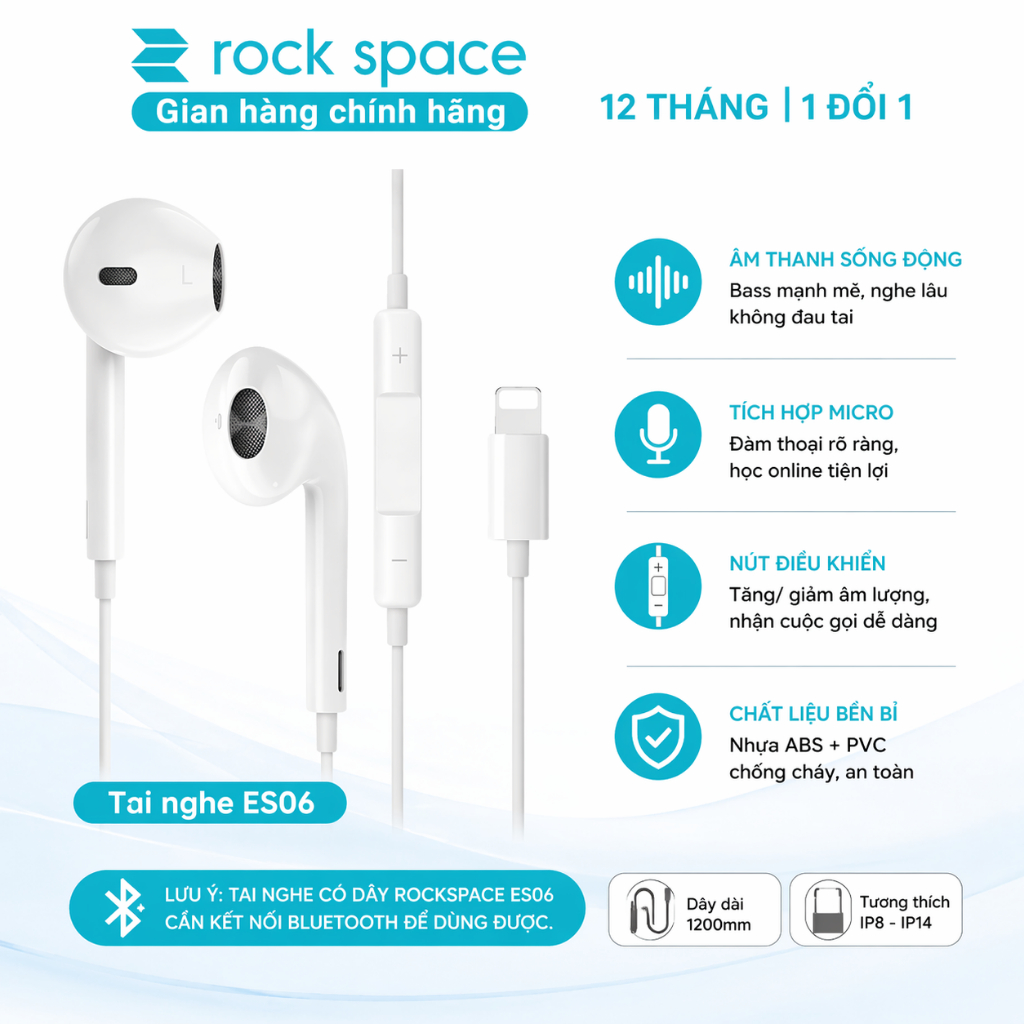 Tai nghe có dây nhét tai Rockspace ES06 chuẩn cắm dành cho IP - Hàng bảo hành 12 tháng