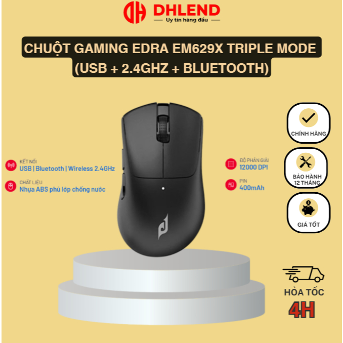 Chuột Gaming EDRA EM629X Triple Mode (USB + 2.4Ghz + Bluetooth)