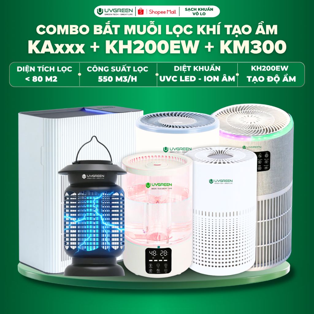 Combo Máy Lọc Không Khí Tạo Ẩm Bắt Muỗi UVGREEN KAxxx, KH200, KM300, Lọc Bụi Mịn, Bù Ẩm Không Gian