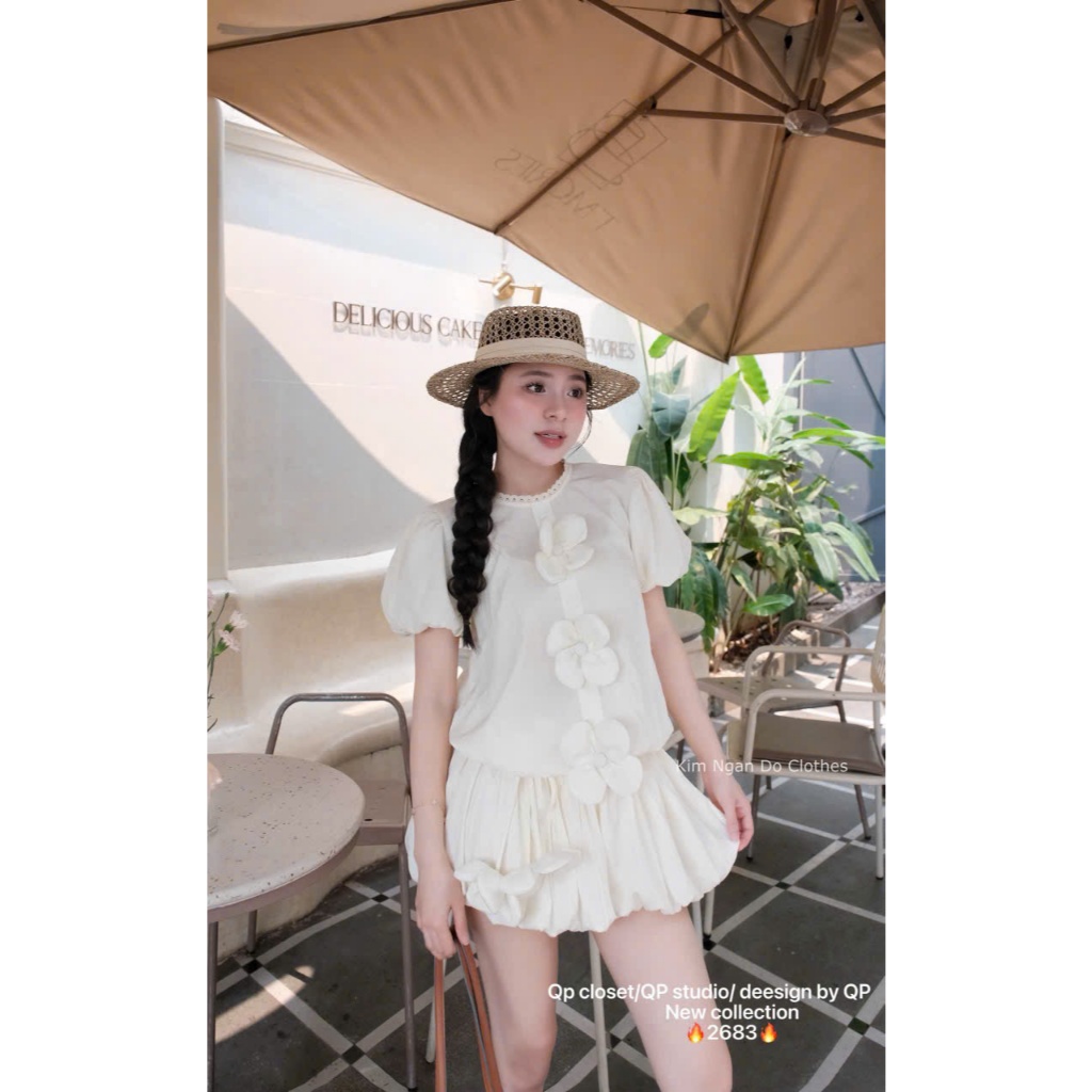 Váy ngắn nữ phối hoa nổi tay phồng phong cách tiểu thư Hàn Quốc dáng xòe trẻ trung đi chơi cafe | BigBuy360 - bigbuy360.vn
