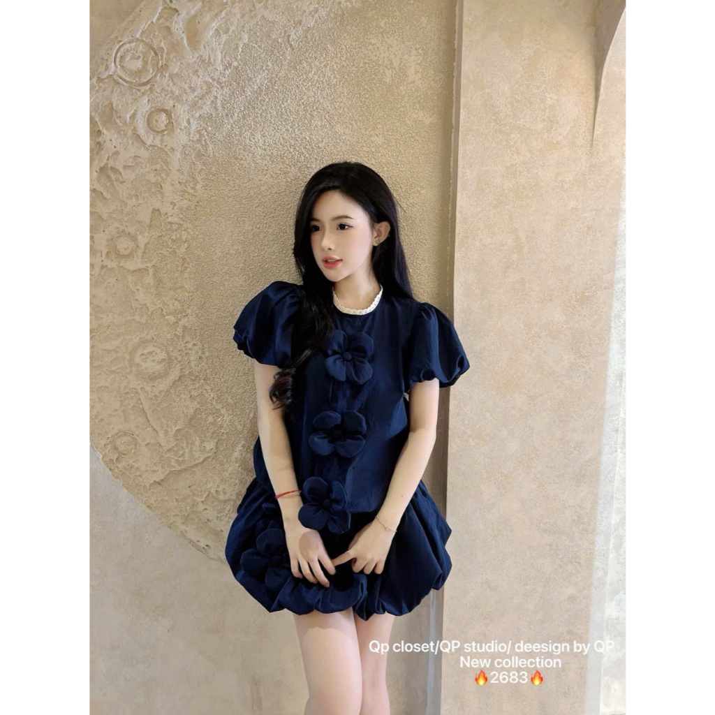 Váy ngắn nữ phối hoa nổi tay phồng phong cách tiểu thư Hàn Quốc dáng xòe trẻ trung đi chơi cafe | BigBuy360 - bigbuy360.vn