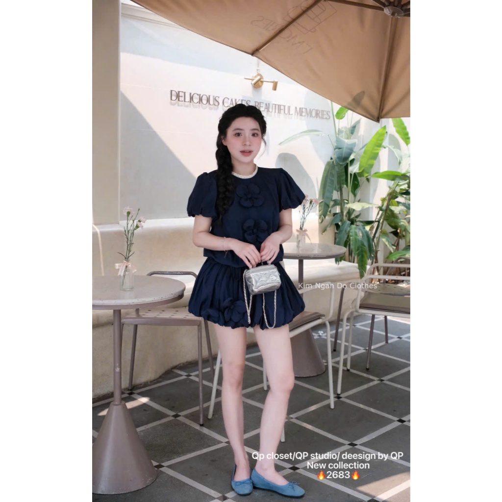 Váy ngắn nữ phối hoa nổi tay phồng phong cách tiểu thư Hàn Quốc dáng xòe trẻ trung đi chơi cafe | BigBuy360 - bigbuy360.vn