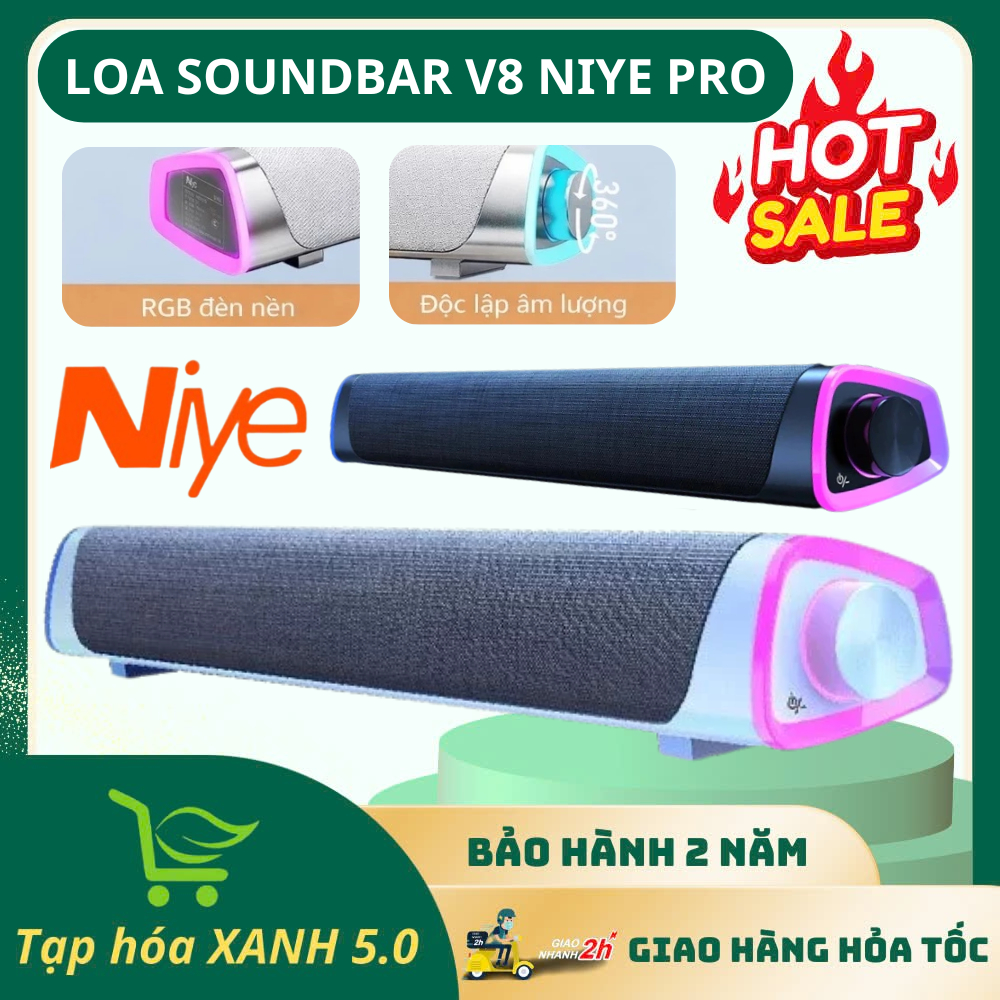 Loa SoundBar Bluetooth Niye V8 Pro, Có Dây Cắm, Đèn Led RGB, Âm Thanh Vòm 8D Sống Động