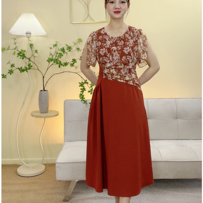 Đầm form A trung niên cho mẹ - Cổ tròn tay xẻ - Cam hoa - TTV2062