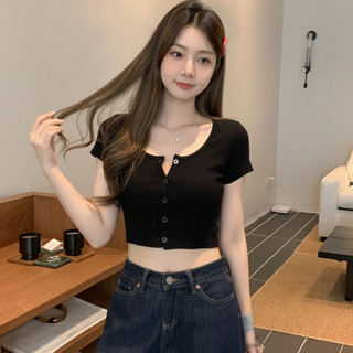 Áo Croptop Cổ Chữ U Chất Len Tăm Nữ Ôm Dáng Tay Ngắn Nút Bấm Thời Trang Cá Tính CR04 CinZy SG