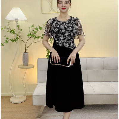 Đầm form A trung niên cho mẹ - Cổ tròn tay xẻ - Đen hoa - TTV2062